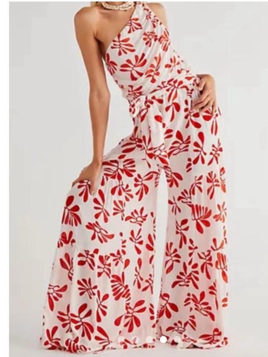 Free People Pants - Free People Thea Red White Floral Wide Leg Jumpsuit Romper women size medium
